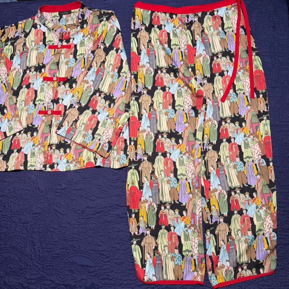 Natori Pajama Set Womens Medium Black Red Geisha Girl Print Frog Closure 2pc